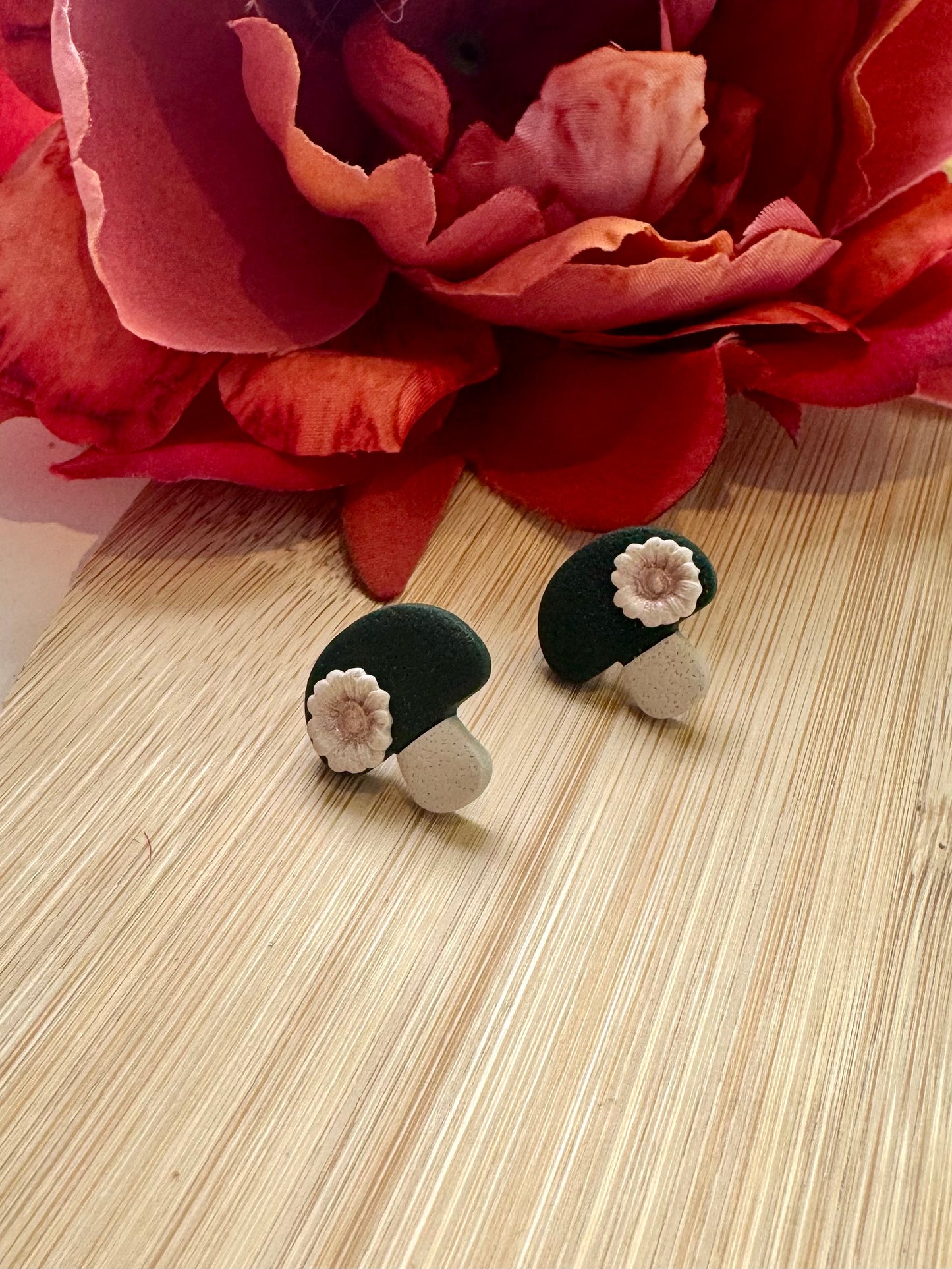 Mossy Green Floral Mushroom Stud